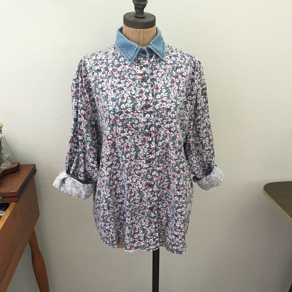 Lemon Grass Vintage floral denim button down